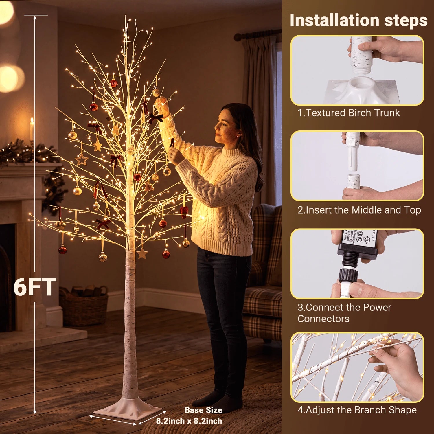 Birch tree height, base dimensions and assembly details
