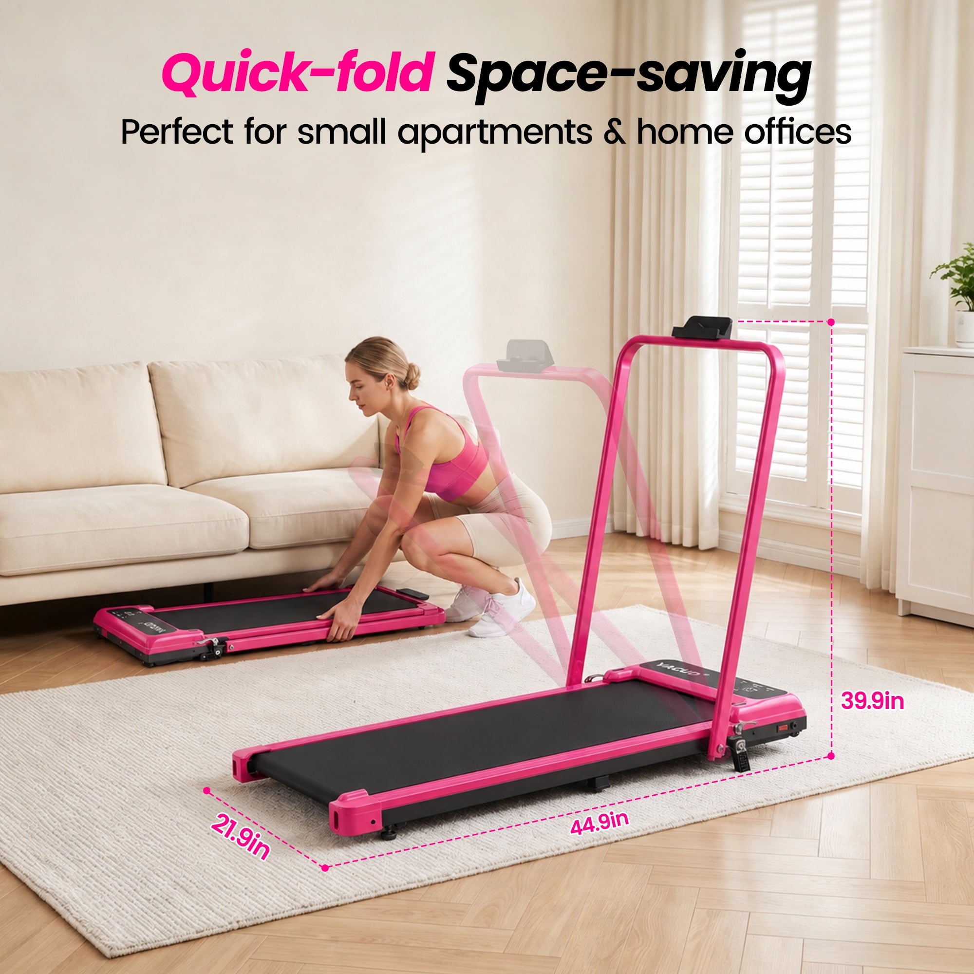 YAGUD walking pad showing dimensions and compact storage