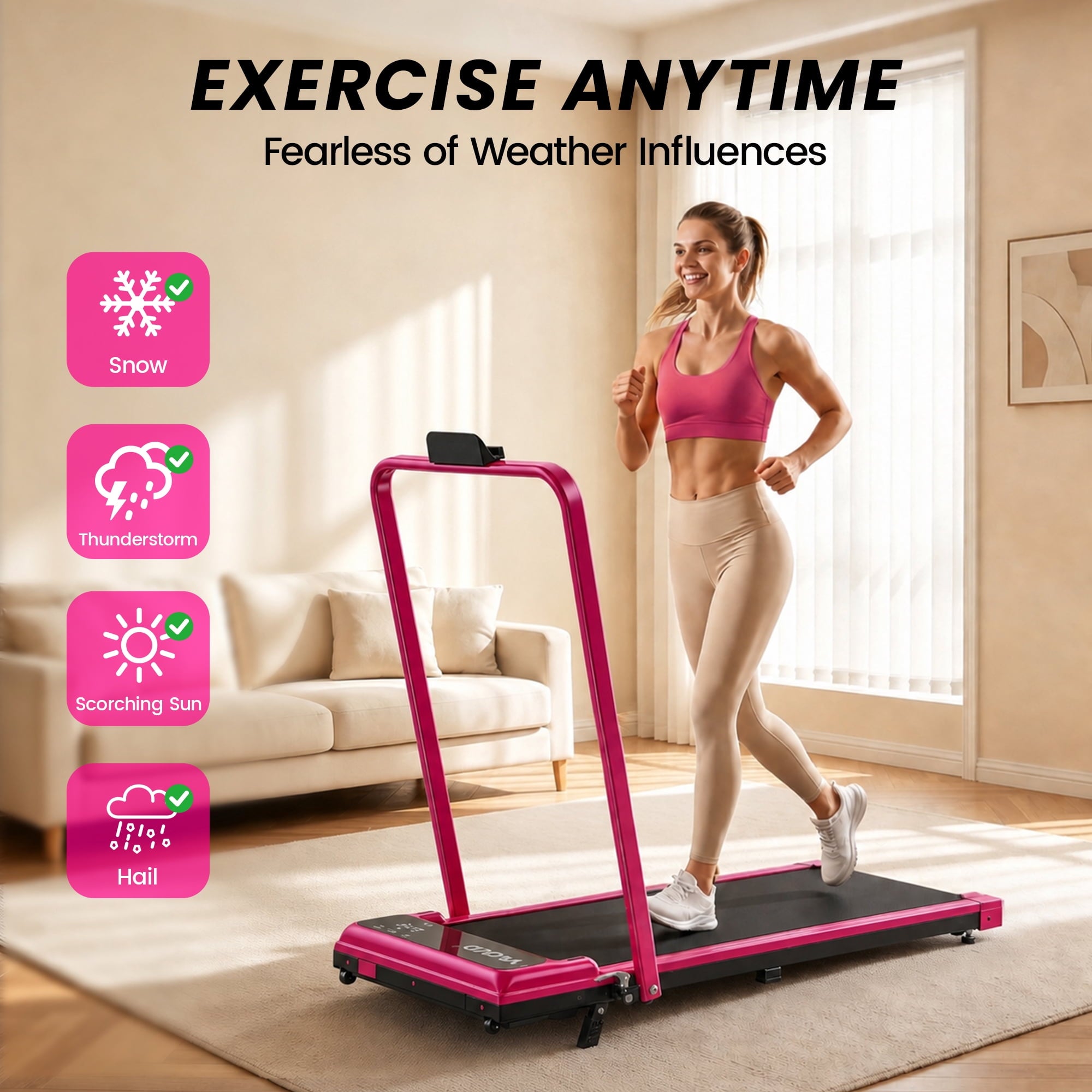 Pink YAGUD walking pad in a home setting
