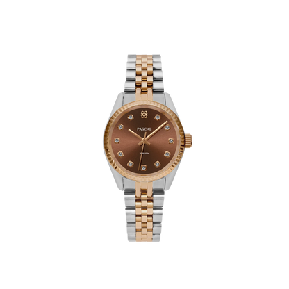 PASCAL Timeless Classic Diamond Watch with cocoa dial and two-tone bracelet