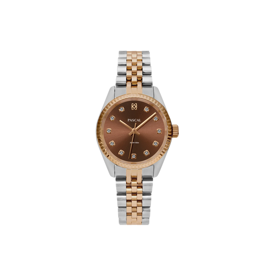 PASCAL Timeless Classic Diamond Watch with cocoa dial and two-tone bracelet