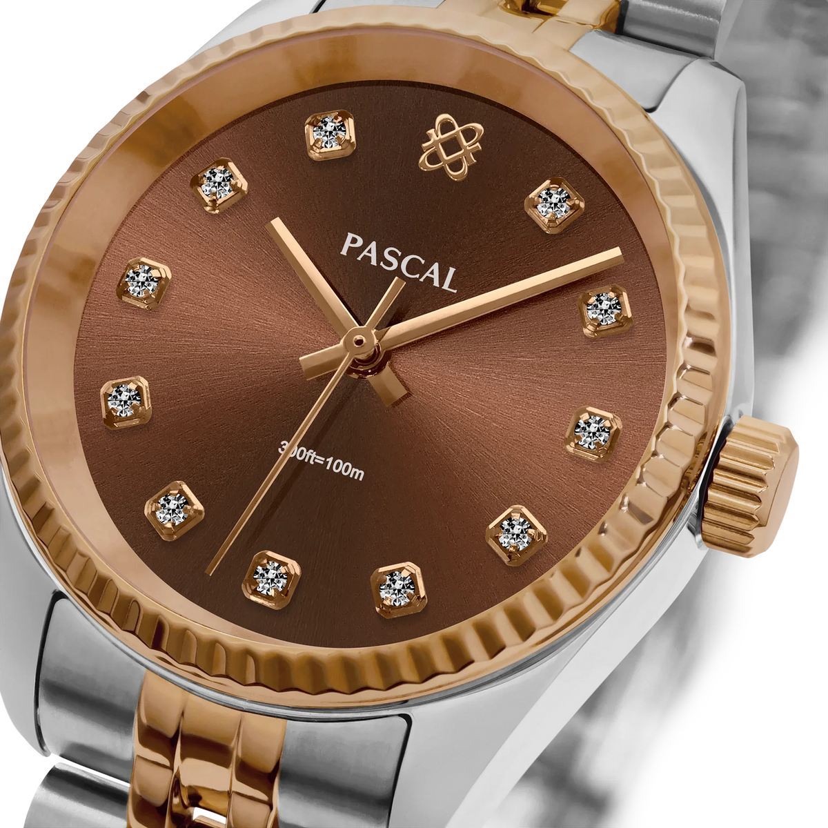 Close-up of the PASCAL cocoa dial and diamond hour markers
