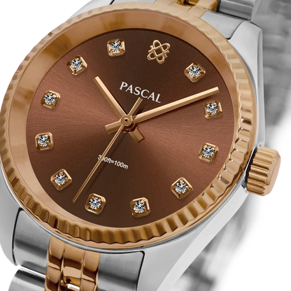 Close-up of the PASCAL cocoa dial and diamond hour markers