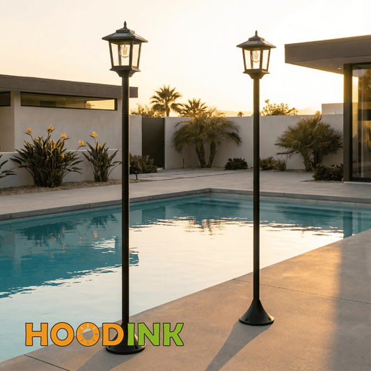Matching black solar lamp posts beside a patio