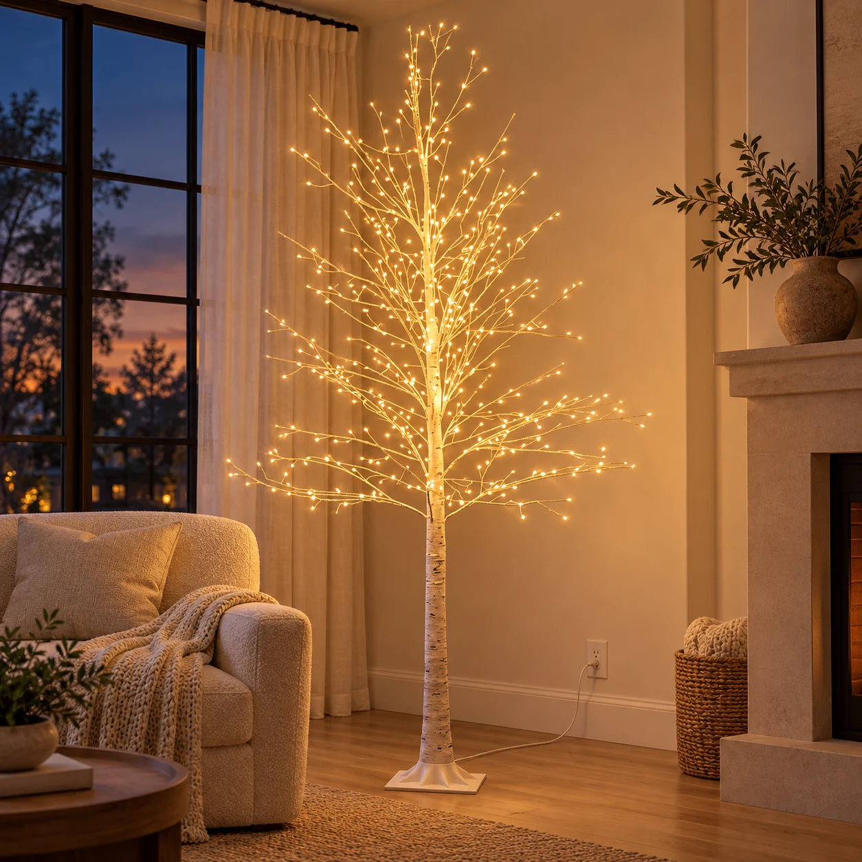 One Hoodink birch tree in a styled living room