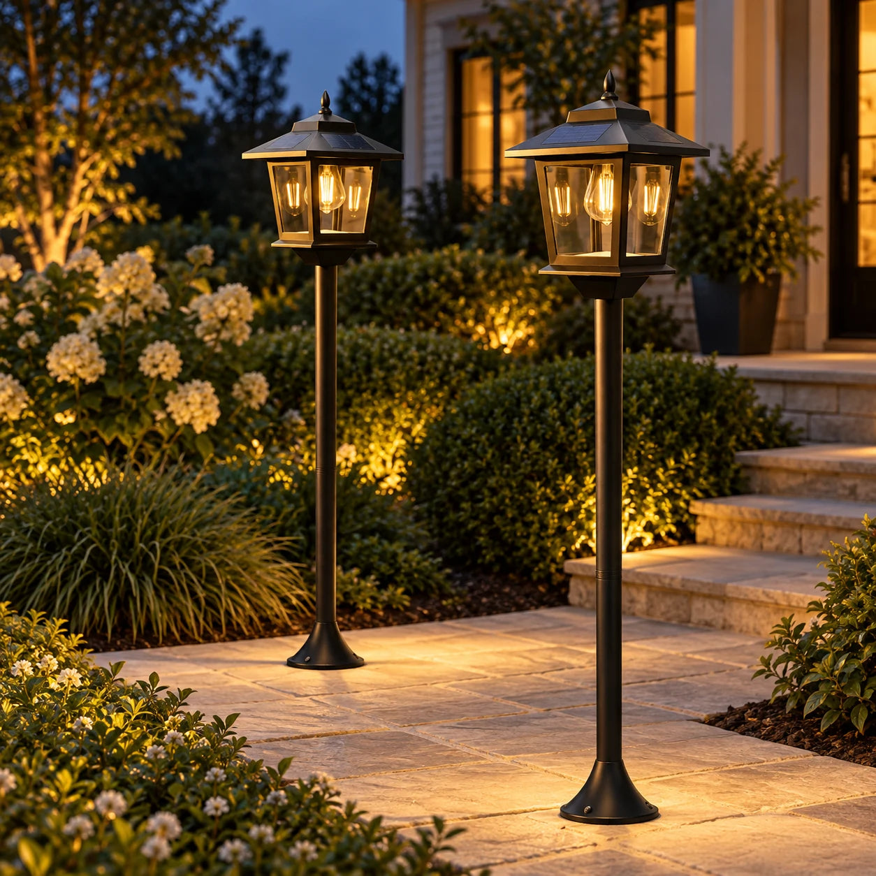 Two Hoodink solar lamp posts in a styled garden